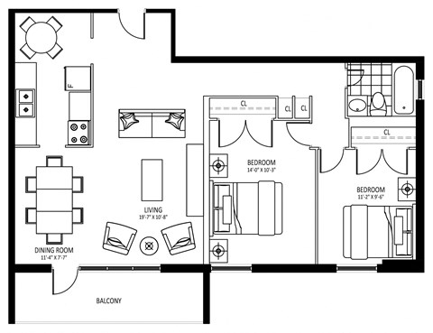 Floor plan for 2 beds, 1 bath, 902 sqft